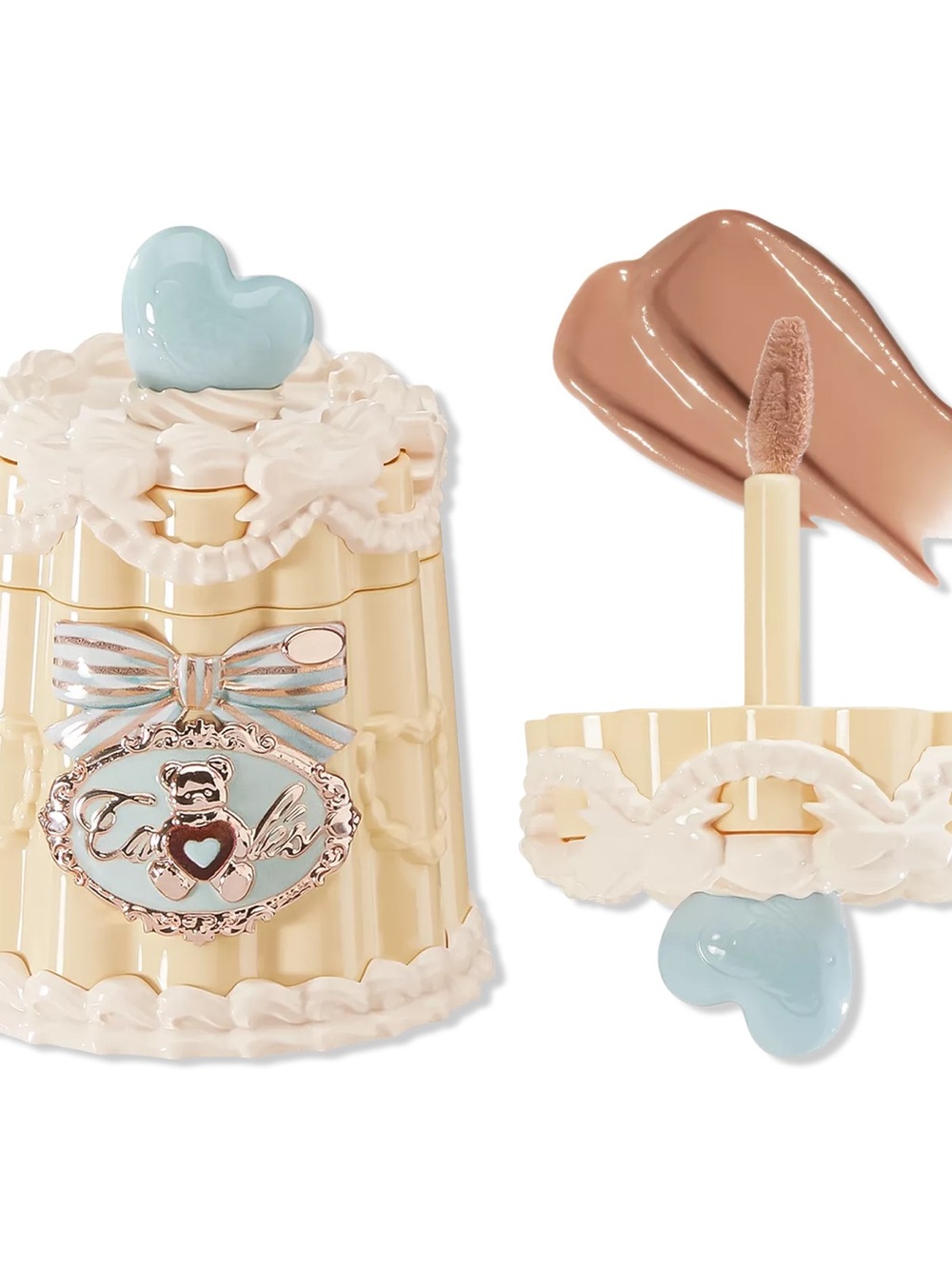 Flower Knows Nude Lip Gloss with Pastel Blue Heart Accent - Fluffy Toast